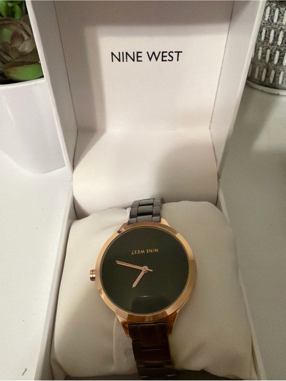 Nine West Black Dial Watch with Rose Gold Tone Case and Black Bracelet
